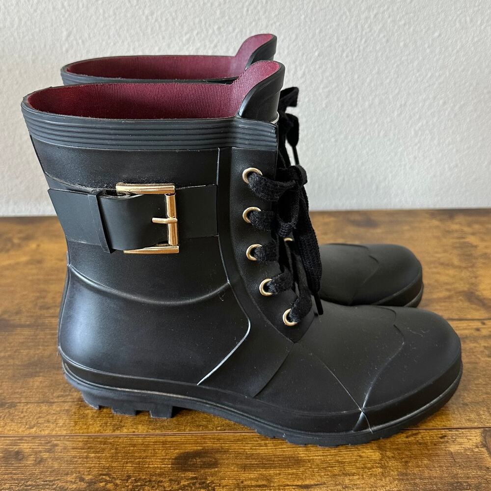 Tommy Hilfiger Women's Rain Boots Booties Lace Up with Buckle Detail Black 6